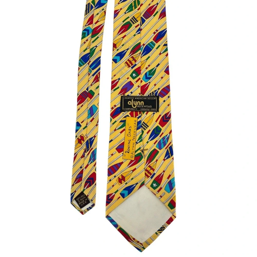 Vintage Alynn Neckwear Silk Tie Yellow Rowing Oars Made in USA Novelty 58